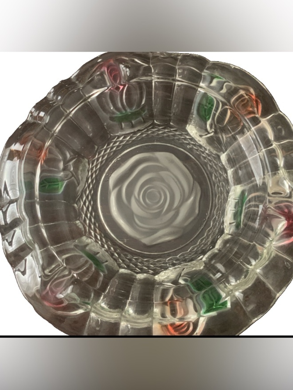 Vintage Ashtray Pressed Glass Scalloped Rim Rose Accents Center 3 Position